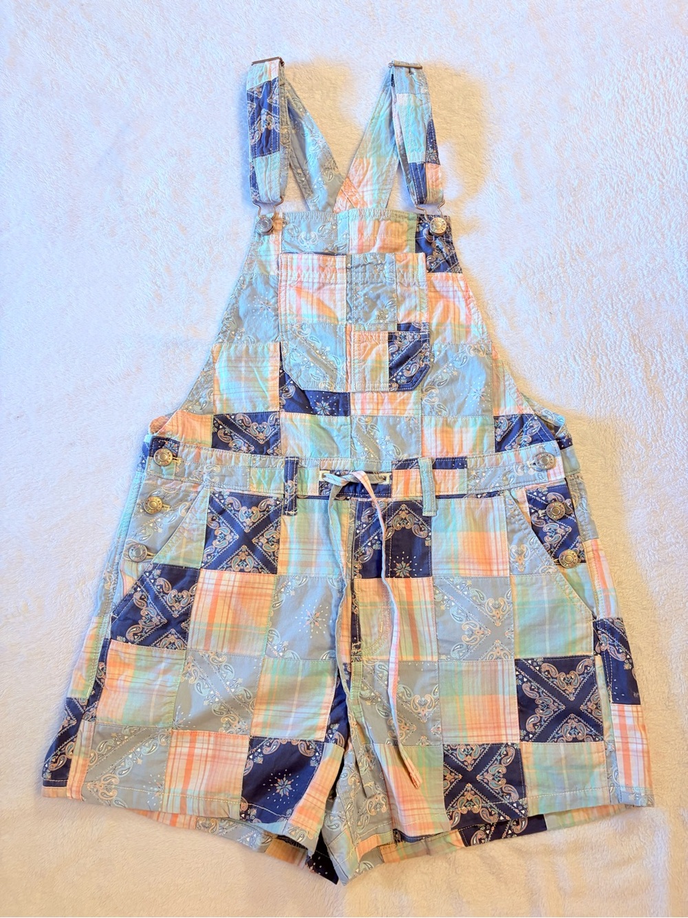 American Eagle Outfitters Patchwork Short Overalls in Blue & Peach